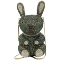 Sparkling dark green rabbit-shaped crystal evening clutch bag with gold chain - Dark Green