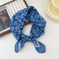 Navy blue cotton linen small square scarf with white leaf print tied in a neat knot - Bamboo Leaf Cotton Blue
