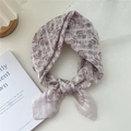 Floral cotton linen square scarf with vintage purple petals and green leaves - 5 Stripe Base-Bamboo Leaf Flower Taro