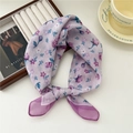 Light purple floral cotton linen square scarf with delicate rose print and hemmed edges - Rose Green Leaf Purple