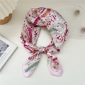 Elegant floral silk square scarf with pink and orange patterns on ivory background - 26 Long Leaf Pink