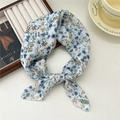 Floral print small silk scarf in white and blue, soft breathable cotton linen neckerchief - Blue Raspberry