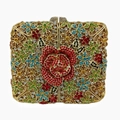 Close-up of sparkling colorful floral rhinestone patterns on a gold frame evening clutch - Gold Multicolor