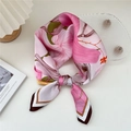 Pink square silk scarf featuring vibrant floral prints and a geometric border design - 28 Hundred Branch Lotus Pink