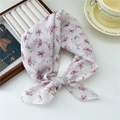 Floral cotton linen neck scarf with pink blossoms shown as a knotted hair tie - Purple Fresh Flower