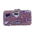 Detailed view of the purple hollow crystal clutch bag with vibrant diamond encrusting - Violet