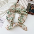 Beige cotton linen small square scarf featuring green leaf print and lace trim edges - Three-color Dense Leaves - Beige