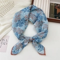 Floral cotton linen neck scarf in light blue with crochet edge and leaf print - Three-color Dense Leaves - Blue