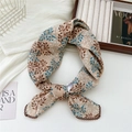 Cotton linen neck scarf with beige leaf pattern and brown crochet lace trim - Three-color Dense Leaves - Brown