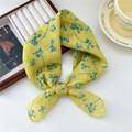 Linen cotton square scarf in bright yellow with blue floral pattern and central knot - Random Brush Flower Yellow