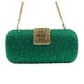 Detail of green rhinestone clutch bag featuring golden metal frame and chain strap - Dark Green