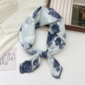 Light green cotton linen square scarf with purple rose pattern and blue lace trim - Blue Peony