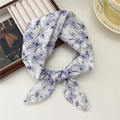 Floral cotton linen scarf with purple flowers and butterflies in a tied bow style - Purple Butterfly Flower
