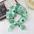 Linen cotton small square scarf with green checkered pattern and clover print - Three-Four Leaf Grid Green