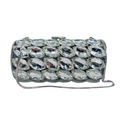 Detail view of cylinder evening bag with marquise crystals and silver chain strap - Silver