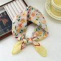 Breathable floral cotton square scarf in beige with orange and yellow petal patterns - Yellow Orange Flower Yellow Edge