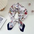 French retro square silk scarf with floral prints and navy blue border in a bow tie style - 36 Dotted Lattice Butterfly Flower Navy