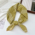 Mustard green square silk scarf with white floral print and delicate lace crochet edges - 70x70cm High Quality Version / Arranged Small Flower Mustard Yellow