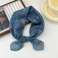 Blue floral cotton linen square scarf with small pink flowers in a bow shape - Little Cosmos Blue