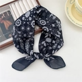 Elegant black silk neck scarf with white vintage floral pattern and smooth texture - Three-Leaf Hollow Flower Black