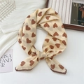 Beige cotton linen square scarf featuring brown heart prints and lace crochet edges - 70x70cm High Quality Version / Brown Heart Yellow Base