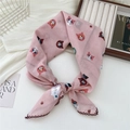 Pink cotton linen neck scarf featuring colorful cat prints and crochet lace trim - 70x70cm High Quality Version / Cat Pattern Pink