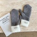 Detailed texture of gray knit mittens with white fluffy cuffs and fabric logo label - Gray