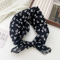 Black cotton linen small square scarf with white floral print and cream lace edges - 70x70cm High Quality Version / Kapok Black