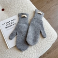 Detailed close-up of grey wool mittens with 100% wool label on textured surface - One Size / Gray