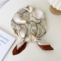 Elegant floral square silk scarf in cream with brown trim and abstract pattern - Large Brown Peony