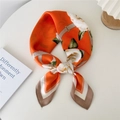 Elegant orange silk square scarf featuring white floral prints and belt buckle pattern - Orange Ribbon Peony