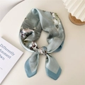 Light blue floral silk square scarf with vintage bird print in an elegant knotted style - Mountain Branch Cherry