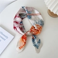 Floral print silk square scarf in red and blue artistic mountain landscape pattern - Rose Orange Red