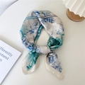 Square silk scarf with vintage floral architectural print in cream and teal blue colors - Wild Rose Blue
