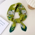 Square silk scarf in grass green with peony and bamboo pattern for elegant neck styling - Small Butterfly White Flower Green