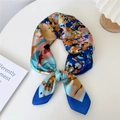 Silk square scarf featuring abstract blue and orange color block pattern for women - Graffiti Fallen Leaves