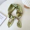 Vintage light green floral satin square scarf tied as an elegant bowtie accessory - Gold Flower Double Frame Green