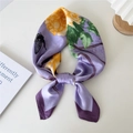 Lilac floral silk square scarf with yellow flowers and green leaves in a stylish knot - Butterfly Flower Purple