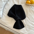 Detail of black honeycomb knit scarf featuring a cross-over slot design for winter warmth - Black