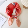 Floral silk square scarf with red orange gradient and blue bird print for women - Red Sea Bird Magnolia