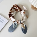 Floral print silk square scarf featuring Chinese style blossoms and knotted styling - Deer Bird Flower Grey Border