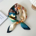 Silk-textured floral neck scarf with retro botanical print in lake green and mustard - Ginkgo Maple Patchwork