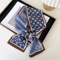 Elegant navy and brown silk-textured scarf with retro geometric patterns and border - Vintage Floral Lattice Navy Blue