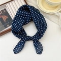 Soft navy blue cotton linen neck scarf with white polka dots tied in a bow - Dense Polka Dot Navy (8 Cotton) / 58*58cm