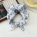 White linen-cotton bandana with grey paisley print tied in a soft decorative bow - White Floral Leaf Paisley (12 Cotton) / 58*58cm