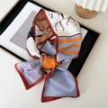 Satin narrow scarf featuring orange equestrian horse motifs and blue striped patterns - Equestrian Stripes Orange Navy
