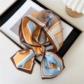 Elegant orange and blue geometric stripe silk scarf with horse pattern on black frame - Equestrian Horse Caramel Blue