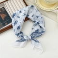 White cotton linen scarf with blue floral print and vintage persian border details - Blue Waterdrop Floral (16 Cotton) / 58*58cm