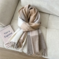 Detailed close-up of soft plaid wool scarf with fringes on beige leather sofa - Wool Plaid Khaki