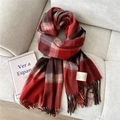 Detail of 100% wool scarf with classic red and brown check pattern and long tassels - Wool Small Plaid Wine Red